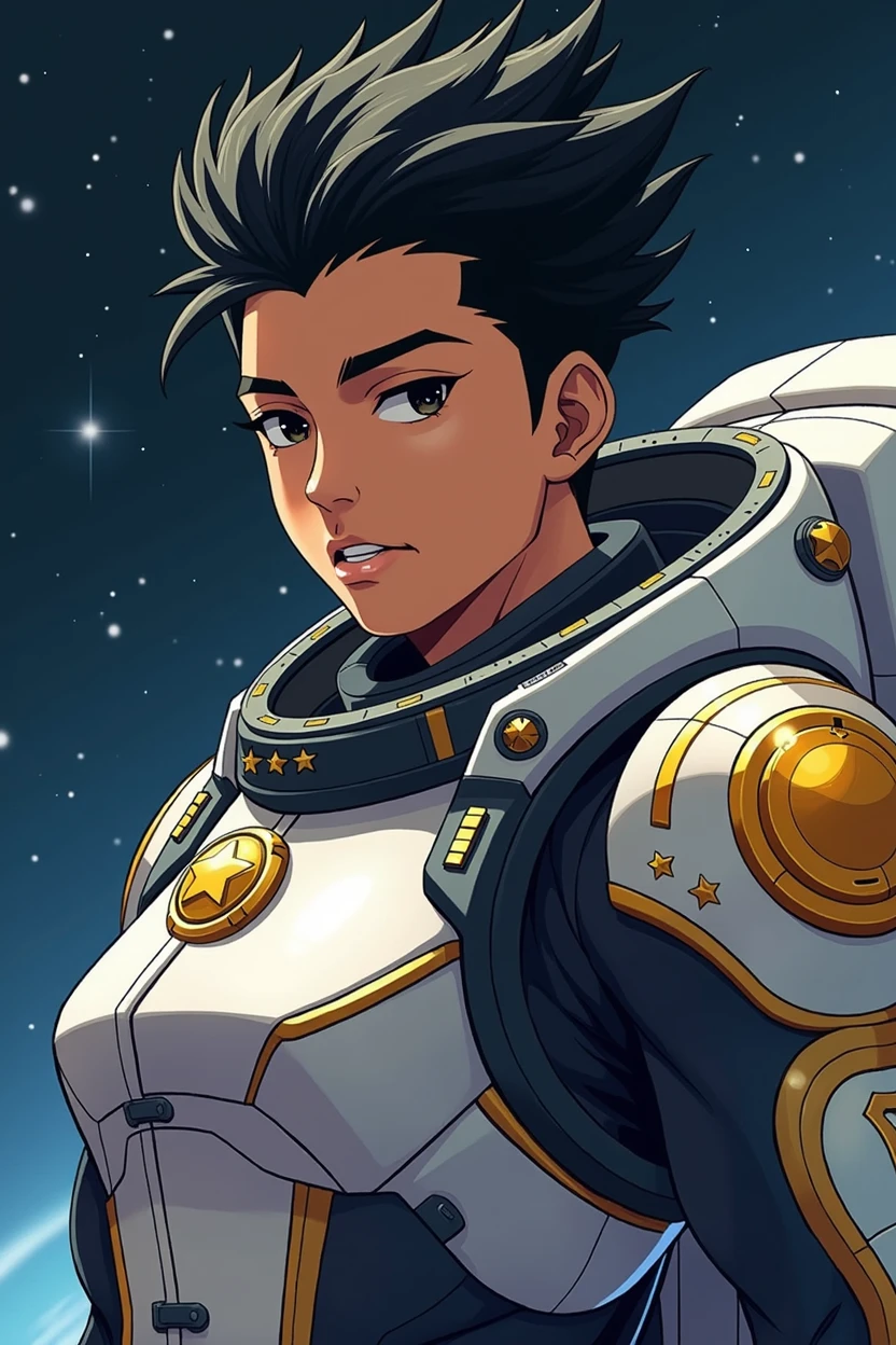 make a anime styled space pilot that has brown light brown skin that is a pacific islander, with black spikey hair and golden start decals on the space suit