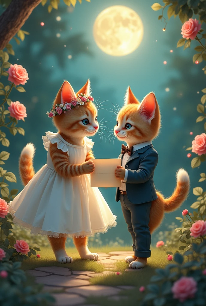 The cat passes through the forest and arrives at a hidden garden, where it discovers a feline friend dressed in an elegant little suit. The cat changes into a white dress with a floral crown on its head and delicate little shoes on its feet. They dance together among the roses, holding the letter, and the moonlight bathes the garden in a romantic glow.