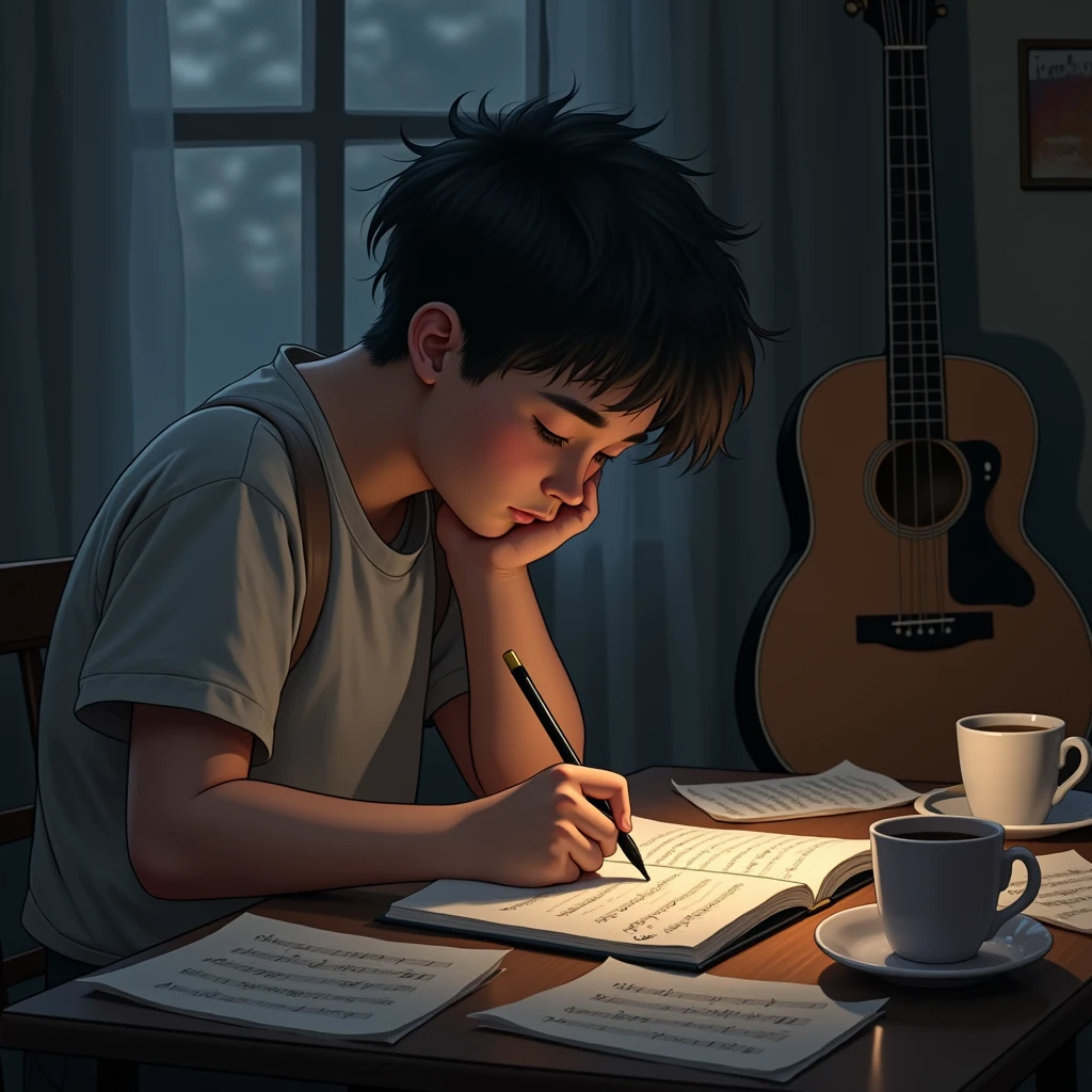 Teenager short haired man a little fat, writing a sad song