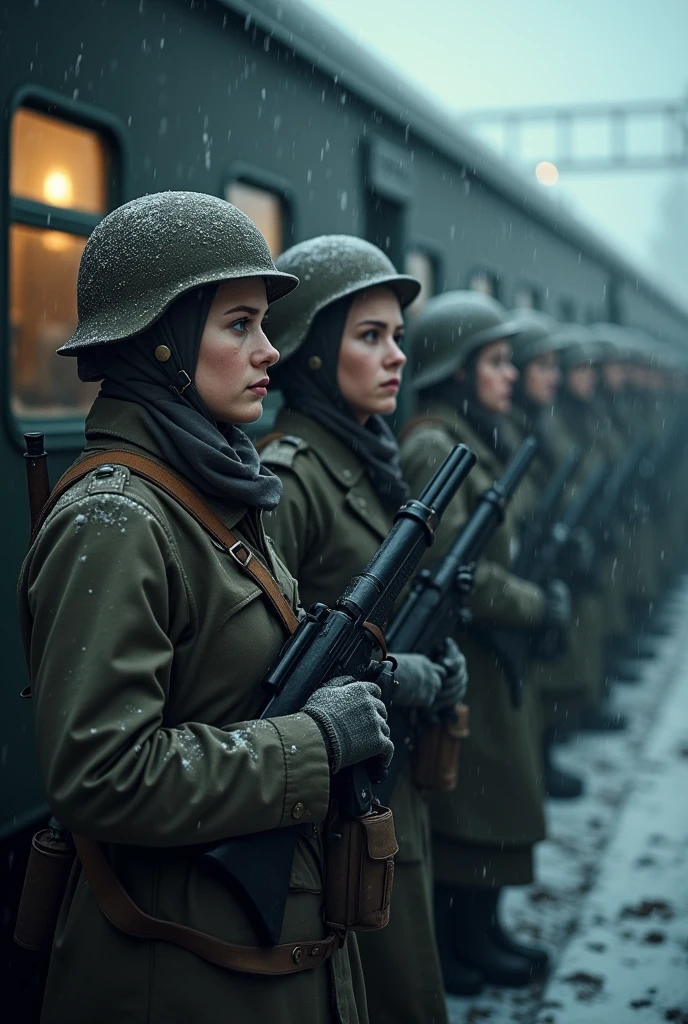 masterpiece, best quality,Soviet female soldiers,World War II,TRAIN STATION,About to travel,dimly lit scene,Dim Lights,Snow