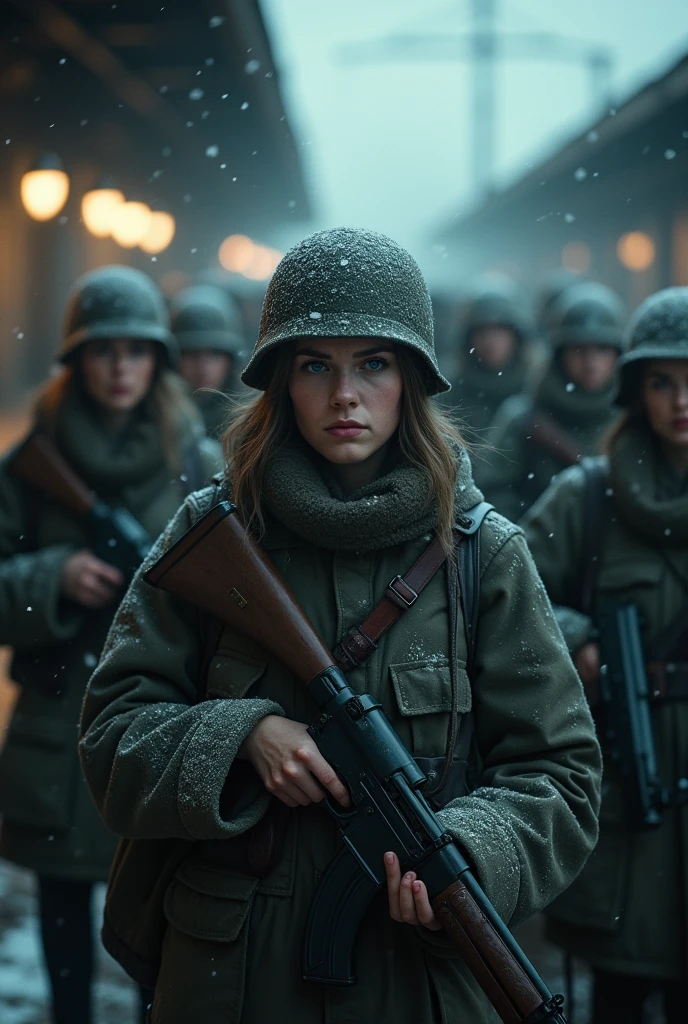 masterpiece, best quality,Soviet female soldiers，World War II，TRAIN STATION，About to travel，dimly lit scene，Dim Lights，Snow