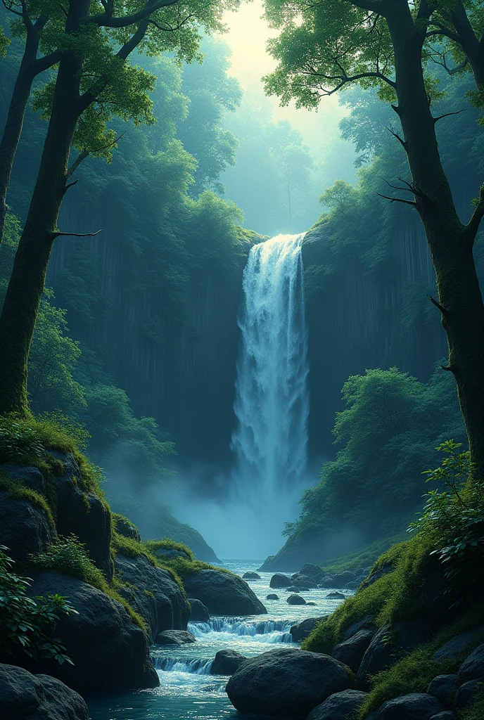 Imagine a beautiful landscape seanreay there are green dense forest with waterfall is in middle of dence forest and this is step wise a some darkness like night 