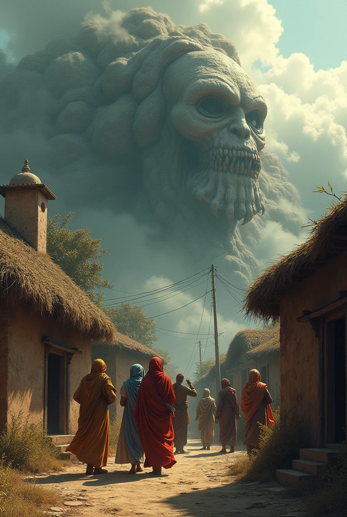 8. **Village mein Bhay:**
- *Prompt*: "A small rural village at the edge of the fort, with villagers gathered together, looking fearful and discussing the haunted fort. The village is depicted with traditional thatched-roof houses, and the villagers are shown in traditional Rajasthani attire, huddled in worry."