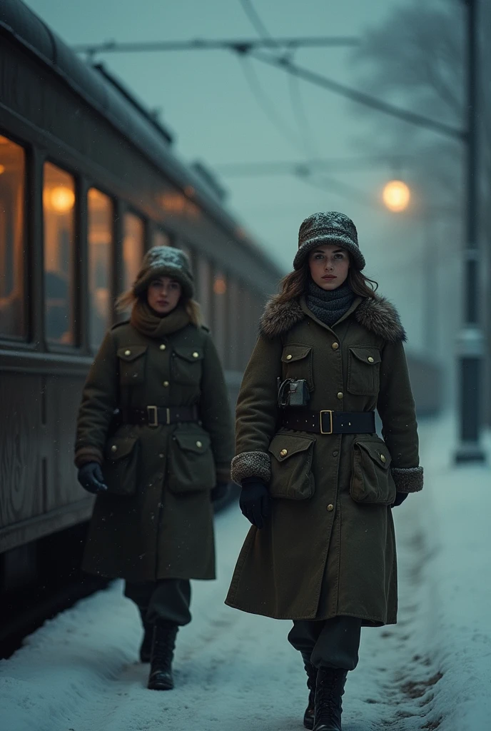 masterpiece, best quality,Soviet female soldiers,World War II,TRAIN STATION,About to travel,dimly lit scene,Dim Lights,Snow