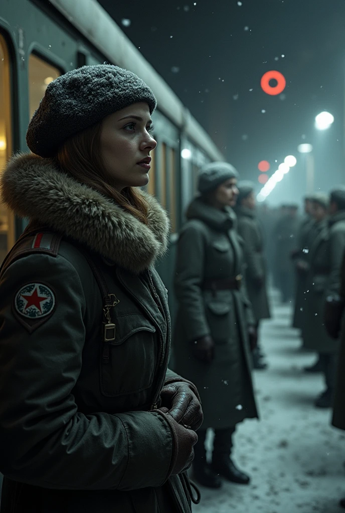 masterpiece, best quality,Soviet female soldiers,World War II,TRAIN STATION,About to travel,dimly lit scene,Dim Lights,Snow
