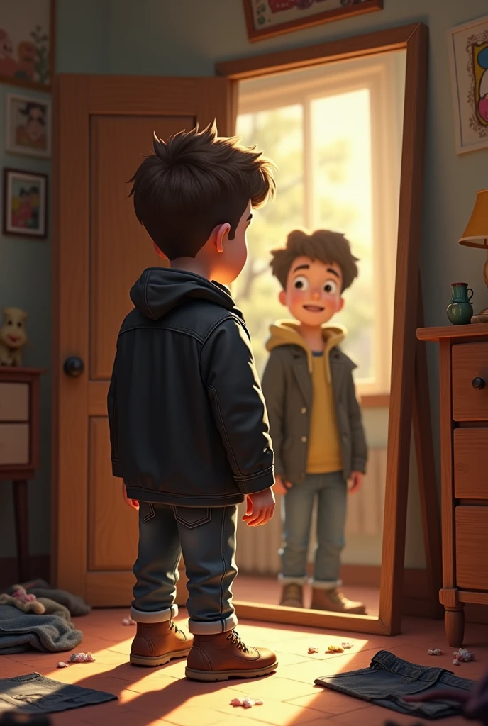 (masterpiece, Highest quality, shape, Subtle details, 8k:1.2),(Highly detailed CG Unity 8k wallpaper), (Highest quality), (Best illustrations), (((Black Leather Jacket:1.2))),A heartwarming digital image depicting a young boy in his bedroom, wearing an oversized, worn black leather jacket. The boy is standing in front of a full-length mirror propped against the wall, smiling with satisfaction at his reflection. The room is a bit messy, with jeans and shirts scattered around, as if the boy had just rummaged through a dresser. The door to the room is slightly ajar, and through the gap, his father is visible, watching his son with a concerned yet affectionate expression. The overall scene is cozy and nostalgic, capturing a tender moment between the boy and his father.,A detailed and heartwarming digital image of a young boy standing in his bedroom, wearing a slightly oversized, old black leather jacket that he’s struggling to pull on. The boy is gazing at himself in a full-length mirror leaning against the wall, a proud and satisfied smile on his face. Around him, the floor is cluttered with clothes—jeans, shirts, and other items that have been pulled out of a dresser. The room has a lived-in feel, with personal items and toys scattered around. In the background, the door is slightly open, and his father is peeking in with a concerned but gentle smile, clearly amused by his son's antics. The warm light in the room adds to the cozy and nostalgic atmosphere of the scene.,A detailed and heartwarming digital image of a young boy standing in his bedroom, wearing a slightly oversized, old black leather jacket that he’s struggling to pull on. The boy is gazing at himself in a full-length mirror leaning against the wall, a proud and satisfied smile on his face. Around him, the floor is cluttered with clothes—jeans, shirts, and other items that have been pulled out of a dresser. The room has a lived-in feel, with personal items and toys scattered around. In the background, the door is slightly open, and his father is peeking in with a concerned but gentle