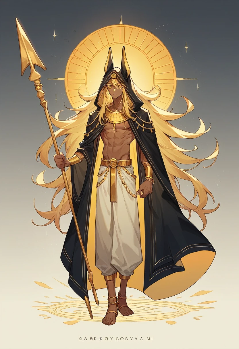one teenager, male, a golden spear, a jackal, dark skin, shadowy cloak with golden hieroglyphs. amber eyes with a golden glow. Full body, long hair, blonde hair, black hood,