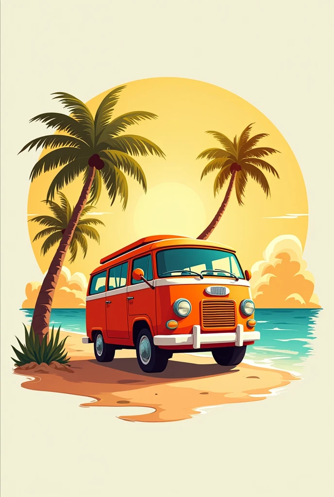 A beach themed tourism logo featuring a bus-type vehicle, In the background some coconut palm trees and the beach, Warm colors like orange-yellow and some green touches to reflect the color of the palm trees