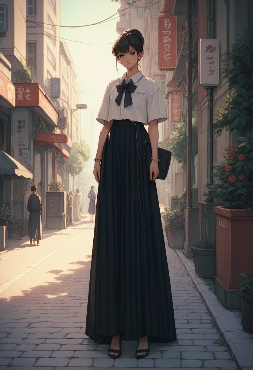 Girl, wearing black long skirt , skirt is very long ,long dress ,volume skirt,street,standing ,anime,full body