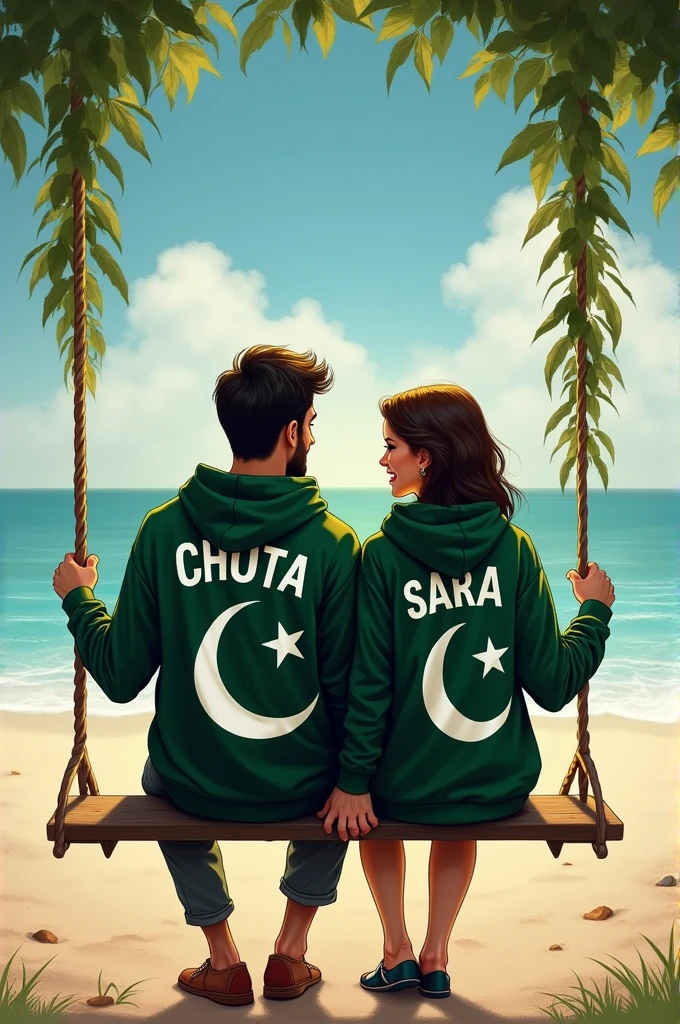 There are 20 Year old couple sitting if front on a swing in the Dubai beach beautiful greenery view, wearing a pakistani plag hoodie,boy with name "CHOTA" write on it,girl with name "SARA" write on it lovely couple, the background is pakistani plag , holding hands realistic art painting detail photo