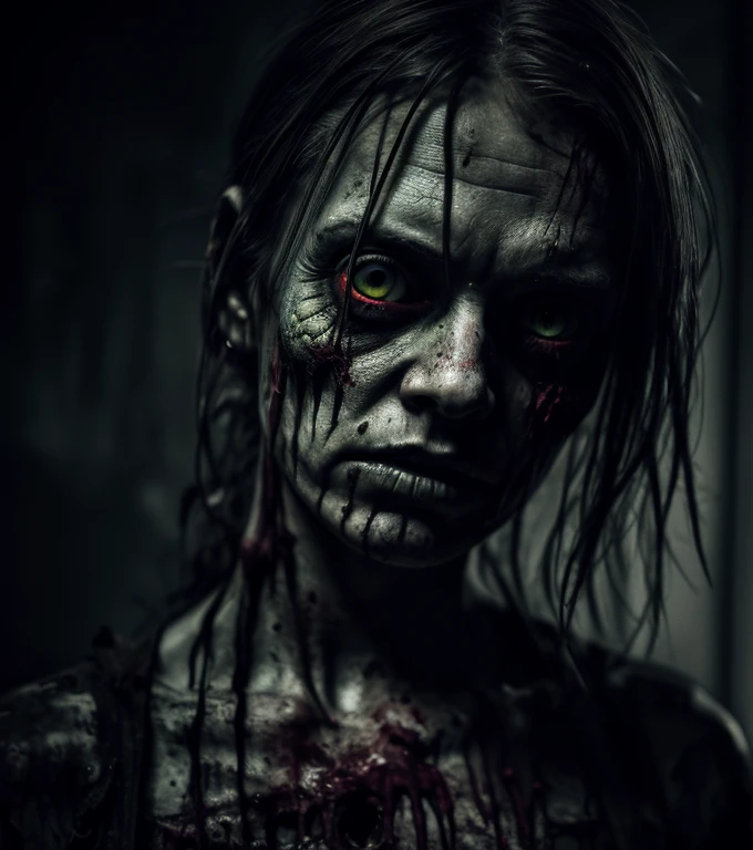 1girl, zombie, undead, rotting flesh, decaying skin, glowing eyes, tattered clothes, messy hair, eerie, creepy, horror, dark fantasy, moody lighting, dramatic shadows, (best quality,4k,8k,highres,masterpiece:1.2),ultra-detailed,(realistic,photorealistic,photo-realistic:1.37),cinematic,dramatic