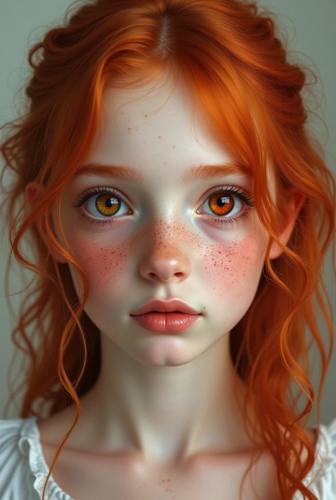 A red-haired girl with freckles all over her face. His left eye is red and his right eye is brown.