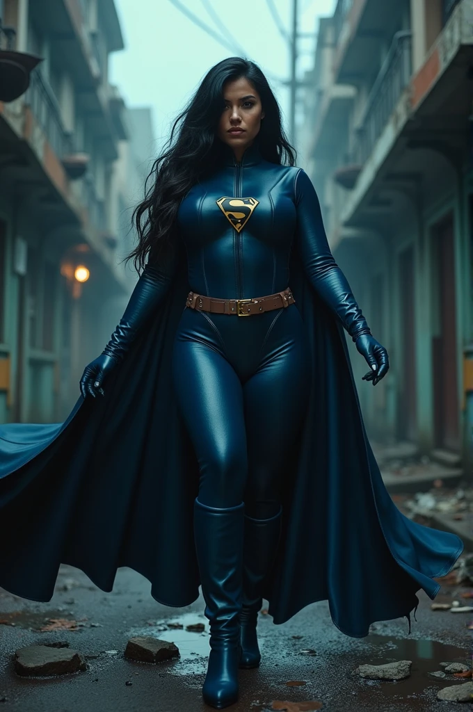 a gritty, raw photograph taken with the camera of an iPhone 15 in a grim setting. a stark and detailed image of worm eye view, high angle shot, perfect beautiful latina 1woman, hourglass body, large breast size, portraying a classic comic book character, wearing a navy superhero outfit, in front of a cityscape showcasing elements of illness and distress, featuring harsh shadows and dim lighting. muted, dark colors, and sharp details. captured in low, dramatic lighting. a harsh and unsettling scene, illness, discomfort, intense environment, bleakness, severity