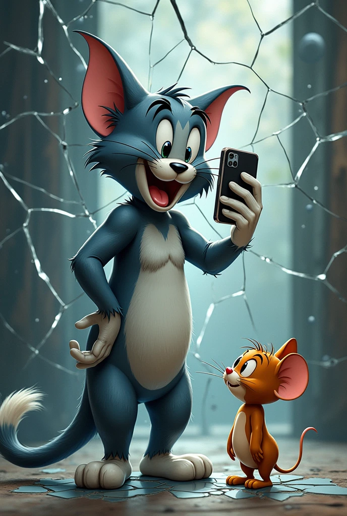 Tom, standing straight pose looking straight, but totally broken in pieces like broken mirror, he's smiling & very happy to his life & Jerry stand next to him, straight pose looking straight, & he's perfectly fine but sad face, extremely detailed in broken tom like a broken mirror, extremely detailed in tom Happy face, extremely detailed in Jerry feeling sad , extremely detailed in Jerry body perfectly fine, extremely detailed in tom broken body, just destroyed tom, they taking selfi in mirror, broke the tom