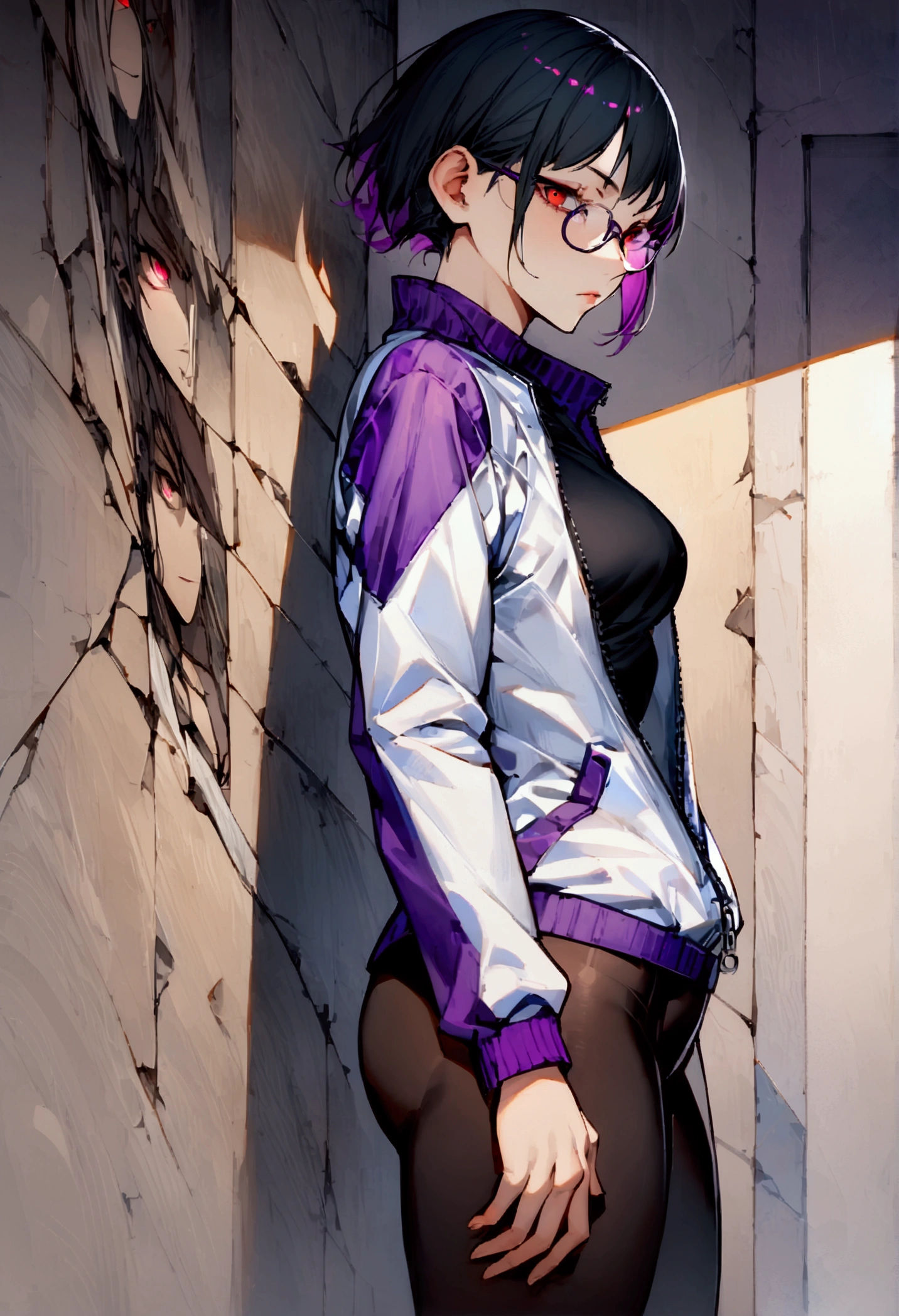 standing,alone,leaning against a broken wall,short hair,work of art,face detailed,beautiful young fitness woman with , in a gym wearing May with black pantyhose, white and purple tight short gym jacket. standing alone,red eyes glowing,Evil smile,legging preto ,labiaa,dark eye shadow,shining eyes,a hand leaning against the wall,neckleace,jacket zipper half open,Tight black shirt,white sports tennis shoes,short hair with purple details,beautiful curves,whole body,hair with purple details,labiaa,detailed face and eyes,work of art,sexy look,pefil from sideways,from sideways,wind in your hair,fully body,glasses on eyes
