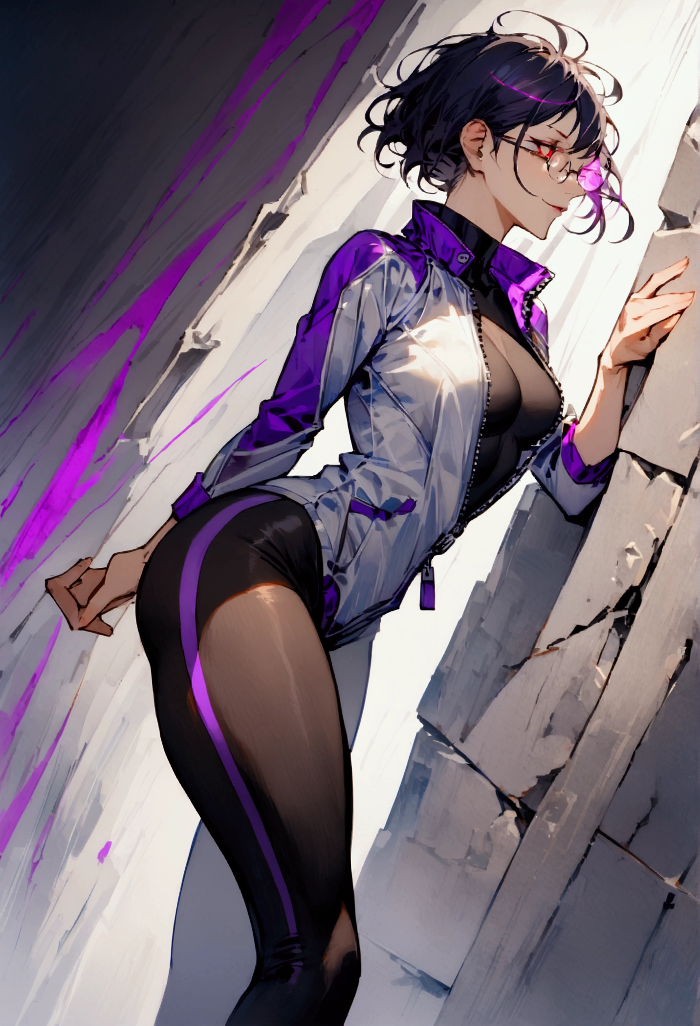 standing,going,sprinting,alone, broken wall,short hair,work of art,face detailed,beautiful young fitness woman with , in a gym wearing May with black pantyhose, white and purple tight short gym jacket. standing alone,red eyes glowing,Evil smile,legging preto ,labiaa,dark eye shadow,shining eyes,neckleace,jacket zipper half open,Tight black shirt,white sports tennis shoes,short hair with purple details,beautiful curves,whole body,hair with purple details,labiaa,detailed face and eyes,work of art,sexy look,pefil from sideways,from sideways,wind in your hair,fully body,glasses on eyes