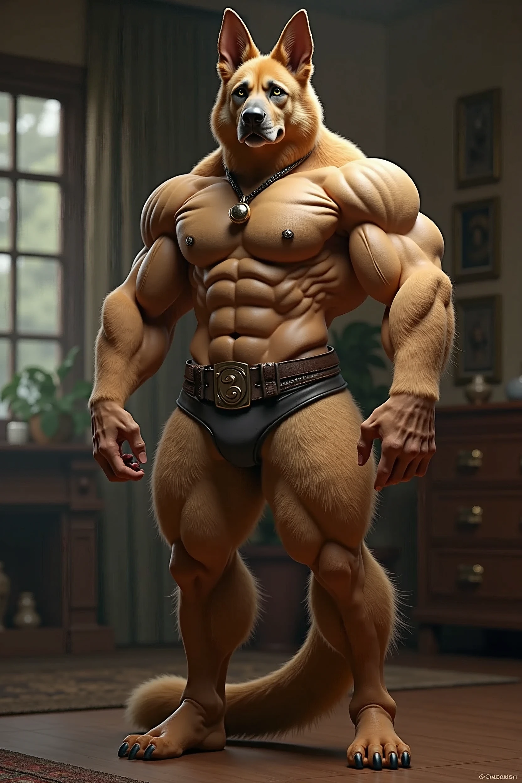 ((canid)), ((canine)), ((German Shepherd)), (canis), (domestic dog), (mammal), (Anthro), Muscular, Muscular Male, Muscular anthro, (((humanoid penis))), (((humanoid genitalia))),((humanoid balls)), ((5 fingers)), (((pubes:1.0))), (((chest hair:1.0))), (((arm pit hair:1.0))), (pose:1.3), (posing:1.3), realistic lighting, highly detailed, 4k, hi res, five fingers, detailed hands, ((detailed face, (detailed eyes:1.0), detailed)), 1boy, (((mature male))), (((mature))), (((DILF))), (((Daddy)))