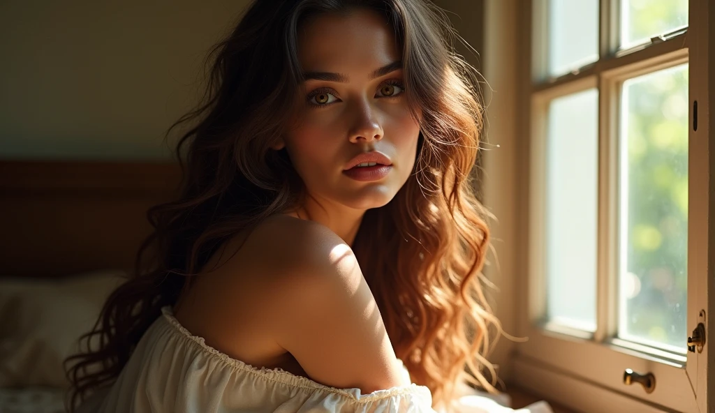 (photorealism:1.2), beautiful woman,, , pants, long curly hair, s, soft lighting, , window with sunlight, , realistic, intricate details, warm colors, by Greg Rutkowski,