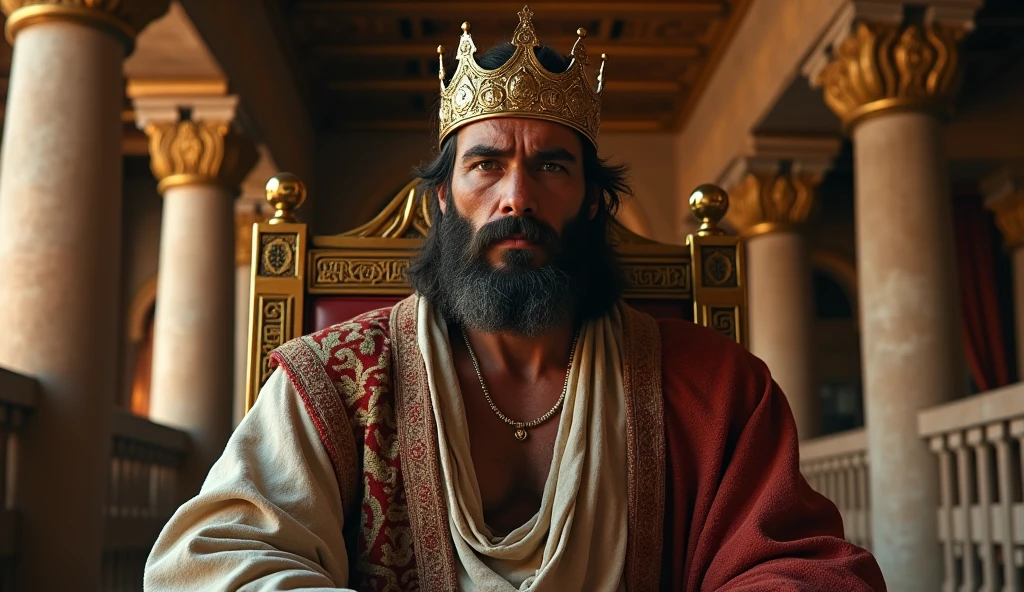 (best quality: 1.4), (Ultra Highres: 1.2), (photorealistic: 1.4), (8k, RAW photo: 1.2). The description of the Samaritan man's physical appearance is not detailed in the biblical narrative, but her Samaritan origin suggests she likely had similar characteristics to other people in the region. Without historical-cultural context, the story of the man with a rustic Samaritan appearance, he looks like a rustic man, he is a king and is wearing a crown in his palace