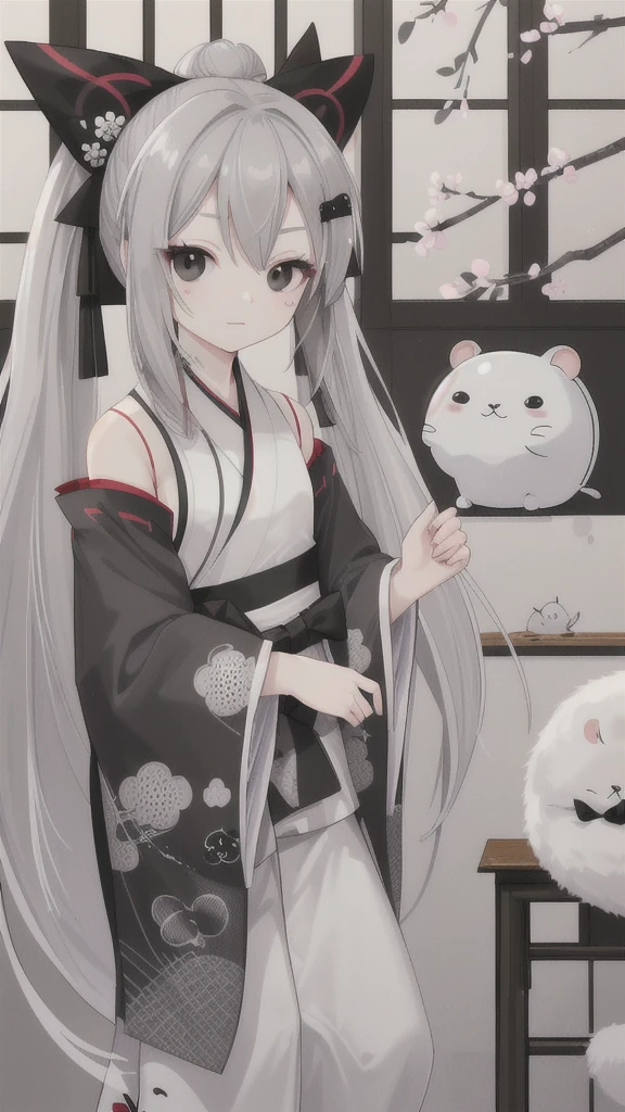 chinchilla，gray long hair，Black eyes，Gray Hanfu with rat pattern decoration