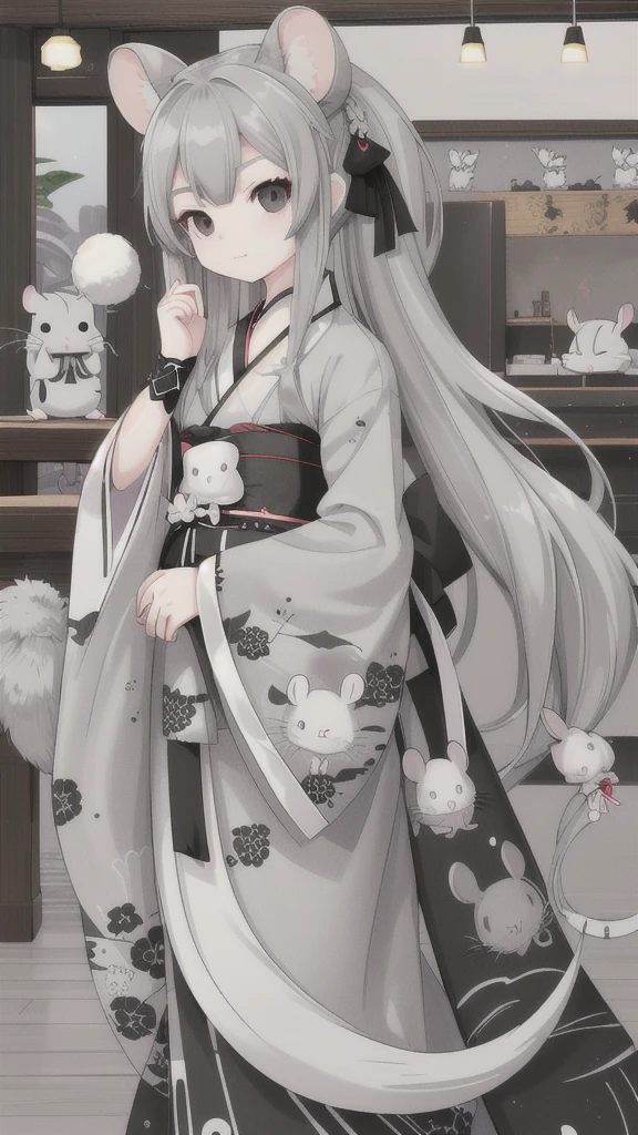 chinchilla,gray long hair,Black eyes,Gray Hanfu with rat pattern decoration