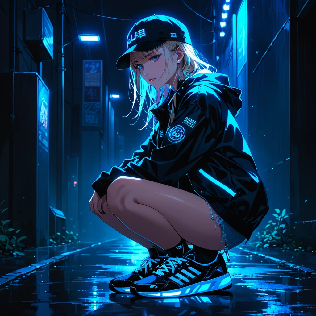 An anime-style illustration of a woman crouching in the dark, looking straight ahead with her face hidden by a cap. She is wearing a street-style jacket and sneakers, both with fluorescent blue accents that stand out in the dark environment.blueeyes high resolution, masterpiece, accurate, 最high quality, High detail, high quality, Very detailed, dark,longhair