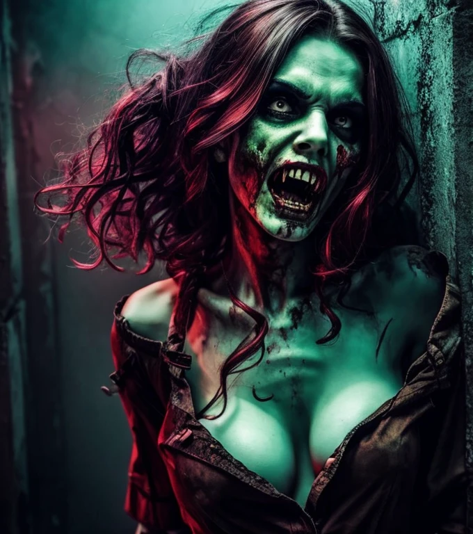 (masterpiece, best quality:1.2), ((RAW photo, Best quality)), (Realistic, photo-realistic:1.2) a hot zombie girl, ((hot corpsy body)),  hottinig, ((Exposed brain)), night. ((Horror, creepy)), (((White eyes))), angry. ((Pale or greenish skin)), wounds, empty eyes, torn clothes, slow movements, guttural noises, aggressive and cannibalistic behavior. Cinematic lighting.