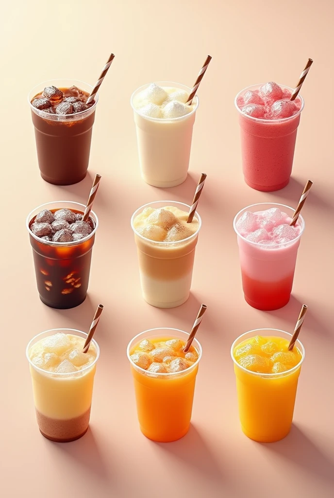In a big cup with lid, 32 oz size, drinks poster with variety flavours to sell, there are Chocolate drink one cup, pinky strawberry flavour one cup, vanilla flavour drink one cup, coffee latte flavour drink one cup , mocha flavour drink one cup, honeydew flavour drink one cup, yam flavour drink one cup, mango flavour drink one cup, corn flavour drink one cup, with full of ice, realistic, 8k, HD, one flavour one cup