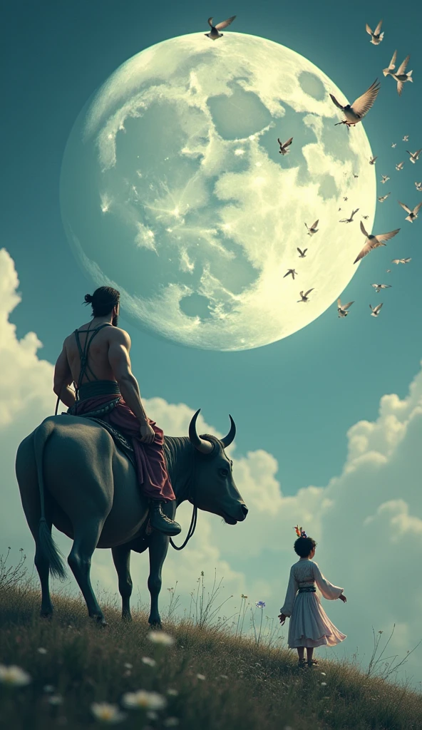 fantasy, handsome cowherd, muscular, and leading a water buffalo, looking up towards the moon and seeing the beautiful moon fairy, dressed in hanfu, and with elaborate headgear, and her rabbit companion, a flow of swallows, forming a magical bridge up to the moon, unreal 8k, ultra detail, ultra realist, 3D, natural light, photorealism