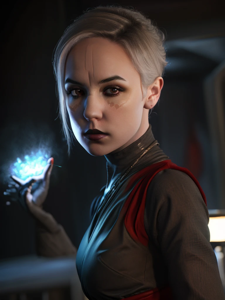 NightsisterMerrin, realistic, 1girl, best quality, dynamic lighting, highly detailed, 8k, science fiction, looking at viewer, pale skin