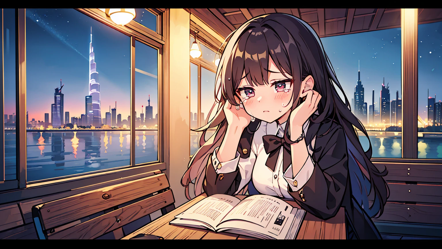 (masterpiece, best quality),1 woman,letterboxed, perfection of fashion,Cry out loud,Hazy, suit,upper body, side,park bench with lake,Sitting on a chair and crying,The sadness of heartbreak,Shedding tears,Night view of Dubai Tower, Full of neon signs