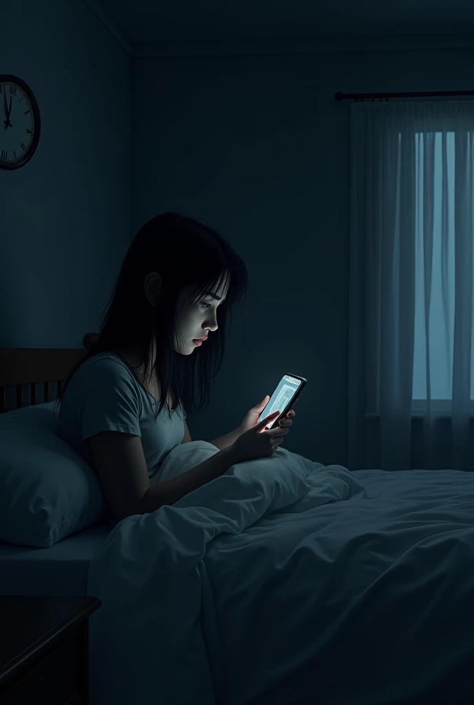 A young woman named Sarah is sitting up in bed in a dimly lit room, scrolling through her phone. The room is dark, with soft moonlight streaming in through a window. The atmosphere is tense, and the shadows in the room give it an eerie feel. There's a sense of isolation, with just the glow of the phone screen illuminating her worried expression. The bed is neatly made, and there's a clock on the wall showing just past midnight. The overall color scheme is dark and muted.