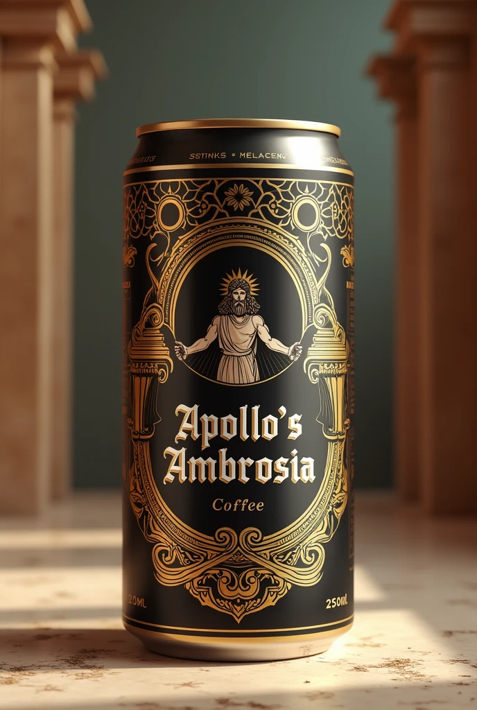 make me a canned coffee packaging design with a 250ml can size with a Roman concept with the brand name Apollo&#39;s Ambrosia with a cheerful design, with the dominant color black, gold and white


