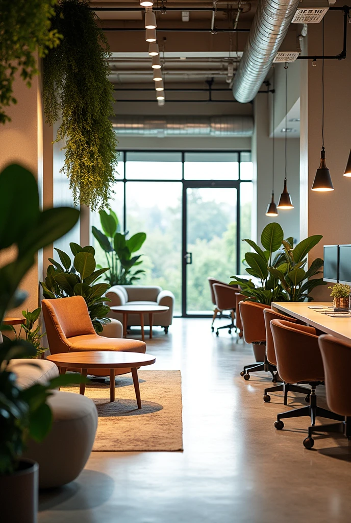 "a modern, well-designed office space with natural lighting, comfortable furniture, and relaxing decor that promotes a healthy work-life balance. The office has an open floor plan, plants, and cozy seating areas for collaboration and relaxation."