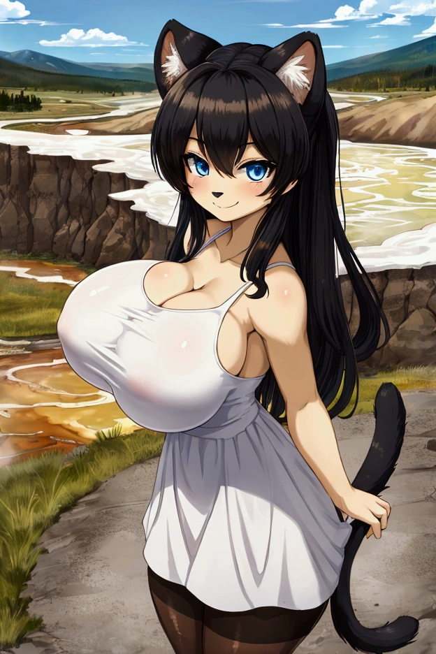 1girl, solo, furry puma girl, huge breast, black hair, blue eyes, white tanktop dress, spaghetti strap, pantyhose, yellowstone park, seductive smile, anime face, puma tail,