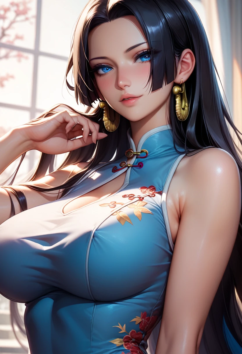 Perfect、(sauce_anime, Boa Hancock, Black Hair, blue eyes, Long Hair, amount, Large Breasts)、Black background、Cool look、Professional work、Professional Lighting。Detailed face、Detailed eyes。(China dress、pastel colour)、sexy、nsfw、Cowboy Shot、Best Angle
