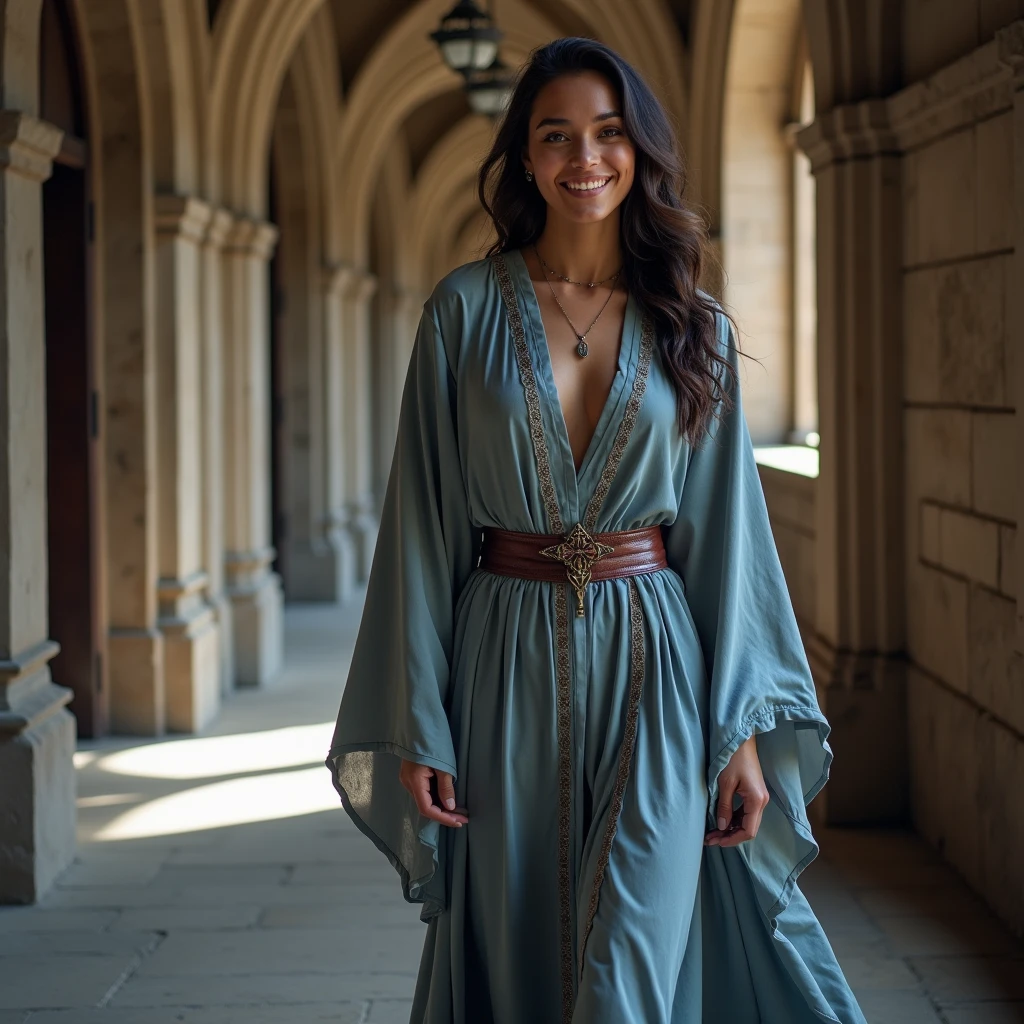 stunning photography of smiling pretty peruvian mage woman wearing magic grey-blue robe going down the corridor of magic castle. brightly day