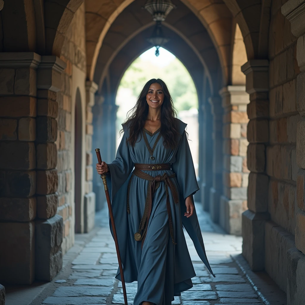 stunning photography of smiling pretty peruvian mage woman wearing magic grey-blue robe going down the corridor of magic castle. brightly day