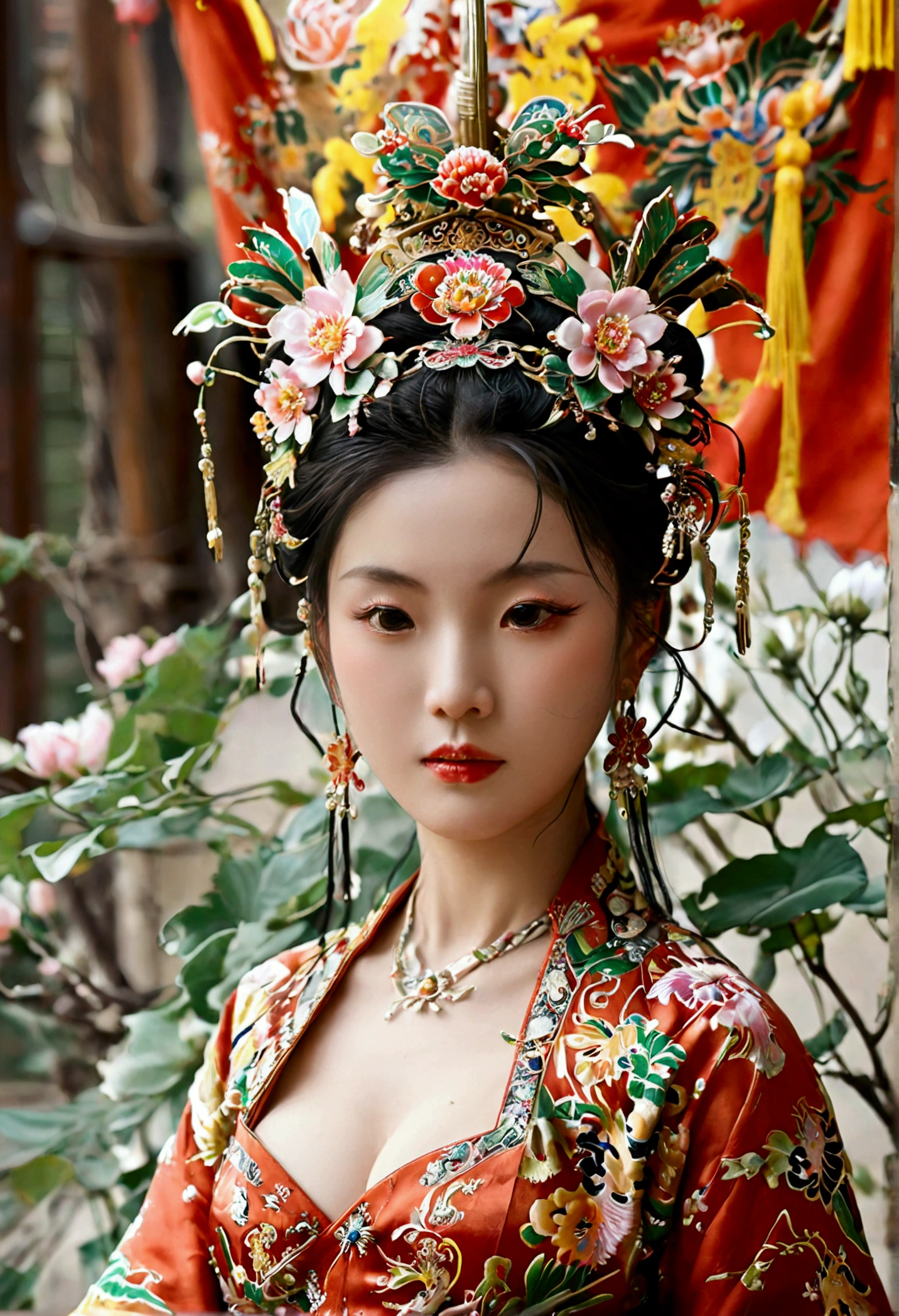A woman seen from the front, bent over on the ground facing forward, legs spread apart, busty and naked, wearing a crown and showing her thighs and feet from below, in the Chinese imperial court of the Qing dynasty.。She is completely naked, showing off her gorgeous large flowers and hairpins, her hair tied up and pulled up, and the background is the stone paving of the Chinese palace of the Qing Dynasty.