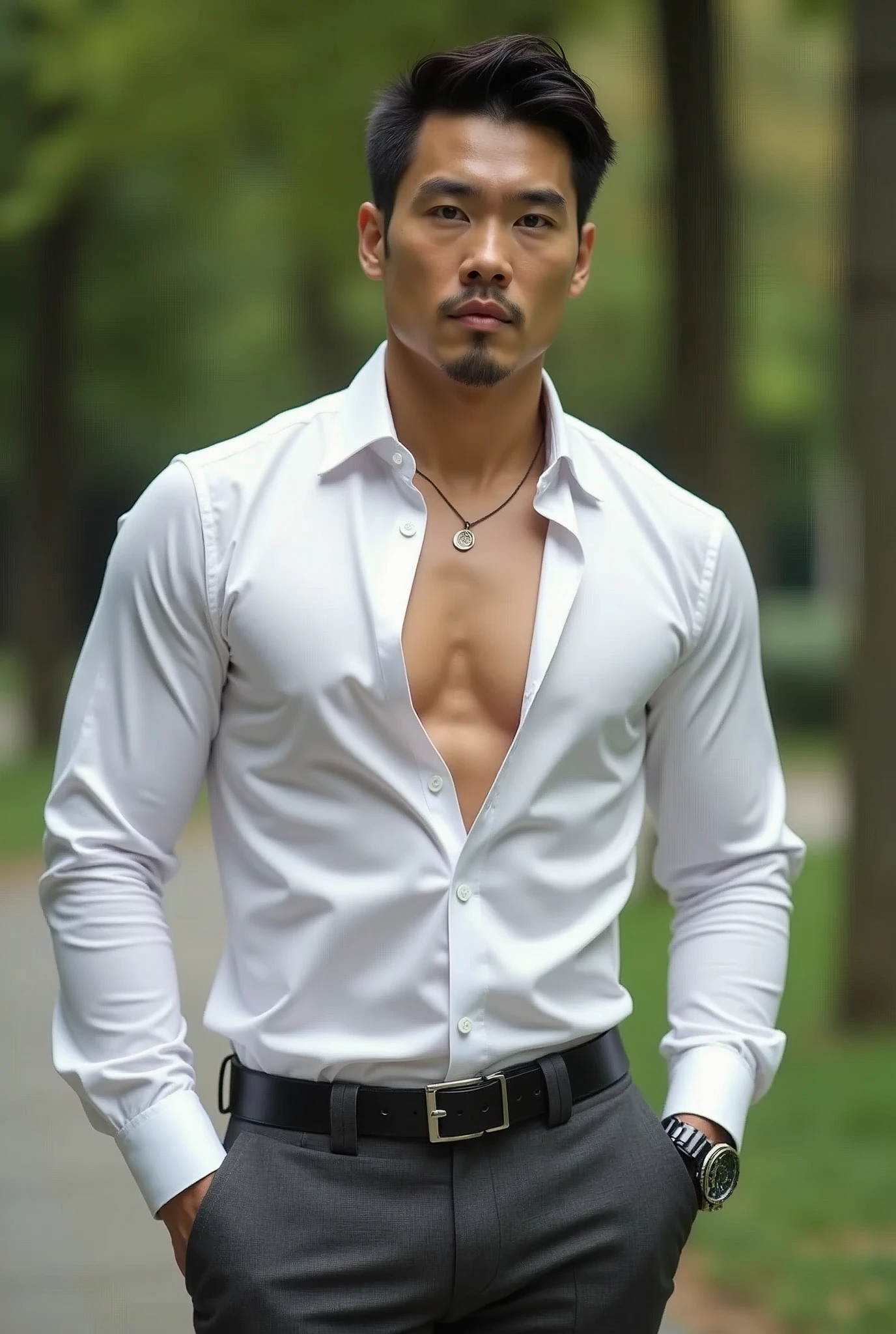Asian man, 38years old, Handsome and elegant, Wearing a  uniform, sexy , Masculine and handsome，musculous，Muscles look good，hairy bodies, with fair skin, 黑The eye（thin eyes 1：3), Full body photo,(ultra-detailed, photorealistic, best quality, 4k, 8k, highres, masterpiece:1.3), a mature man, charming and distinguished , (muscular build body), wearing tailored shiny white dress shirt, with the top button casually undone, perfectly fitted charcoal trousers, sweat, unbutton buttons shirt, lewd face ,tight chest, sex,See-through shirt, erotic, horny, look straight, Accessories include a luxury wristwatch, understated cufflinks, and a simple yet elegant leather belt, in the park ‎,looking at viewer,muscle veins,