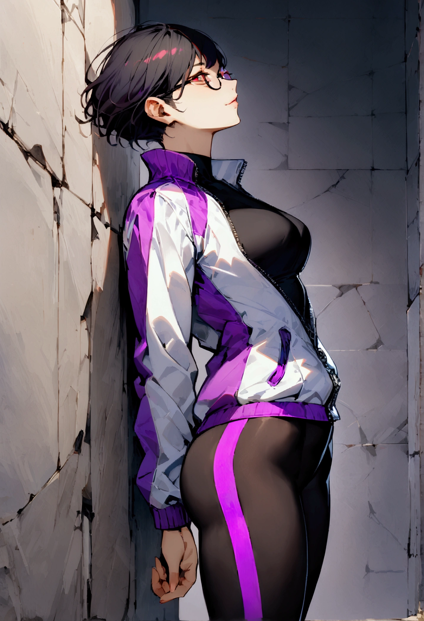 standing,alone,leaning against a broken wall,short hair,work of art,face detailed,beautiful young fitness woman with , in a gym wearing May with black pantyhose, white and purple tight short gym jacket. standing alone,red eyes glowing,Evil smile,legging preto ,labiaa,dark eye shadow,shining eyes,a hand leaning against the wall,neckleace,jacket zipper half open,Tight black shirt,white sports tennis shoes,short hair with purple details,beautiful curves,whole body,hair with purple details,labiaa,detailed face and eyes,work of art,sexy look,pefil from sideways,from sideways,wind in your hair,fully body,glasses on eyes
