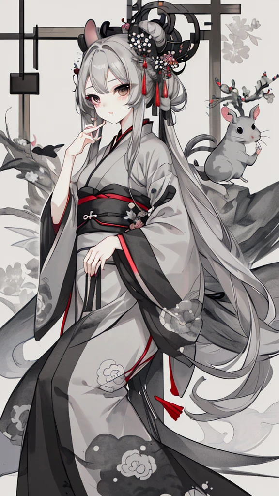 chinchilla,gray long hair,Black eyes,Gray Hanfu with rat pattern decoration