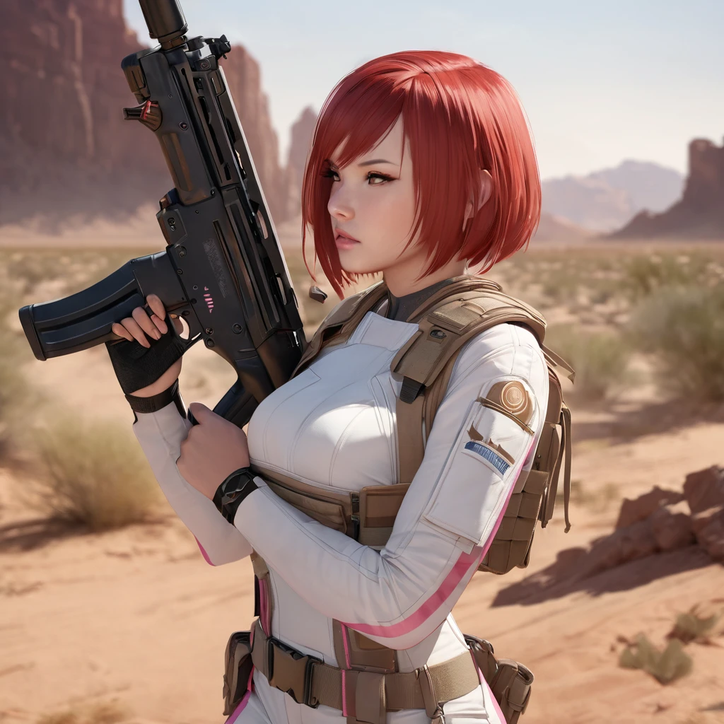 champions online. a red haired Asian female superhero. short hair, pale skin. she wears a white jumpsuit with (pink lines), knee highboots. she carries a high tech assault rifle. show her in a fire fight against a group of soldiers, Arizona desert background. side view. 4k, masterpiece, realistic, detailed, hd, uhd
