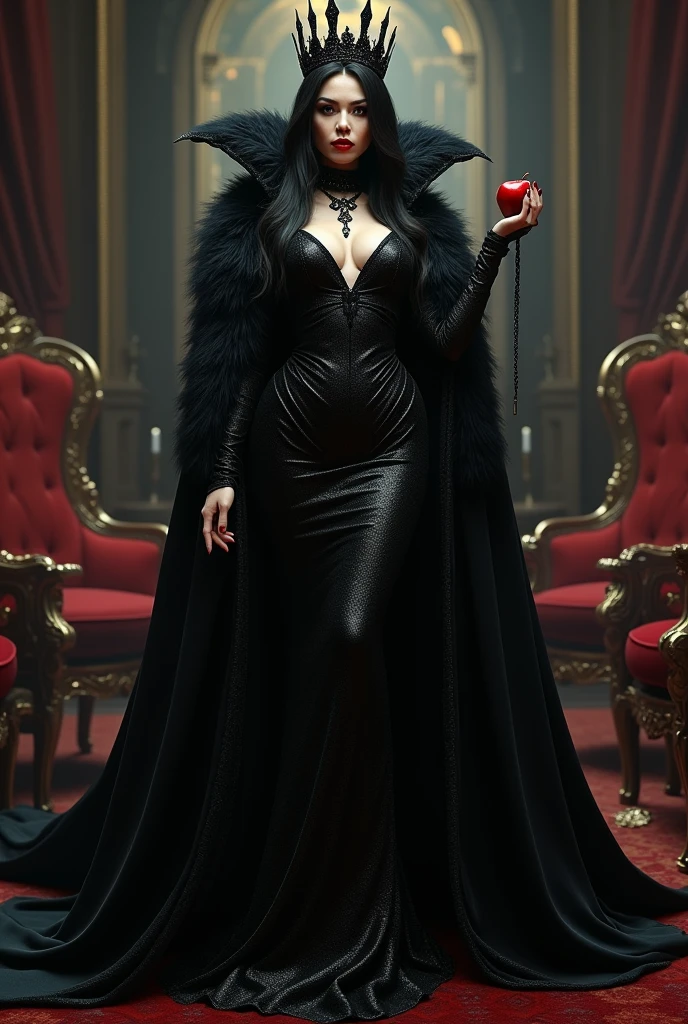 Girl,long black fur,black queen,Accessories,Apple in hand,poisoned apples,Witch Queen,red lipstick, in elegant room, big breasts