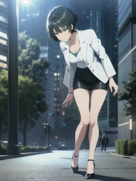 anime、A park in an office district at night、Woman Standing Alone、((Green short hair))、((White short jacket))、Black underwear、Black leather tight skirt、Slender figure、White high heels、Listening to music through earphones、The wind is blowing、There is no one around、