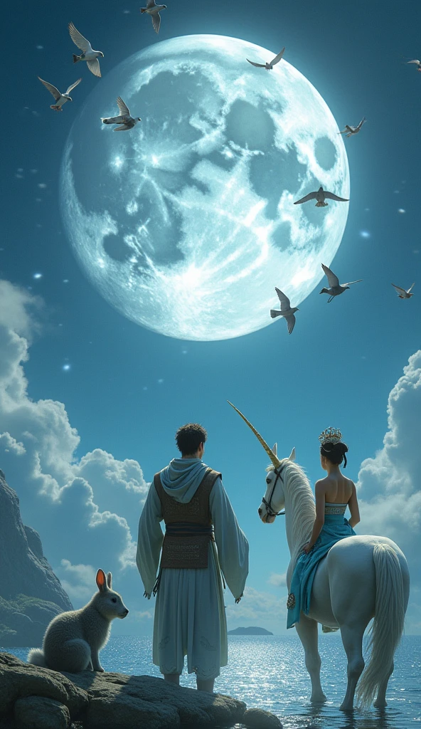 fantasy, handsome cowherd, muscular, and leading a water unicorn, looking up towards the moon and seeing the beautiful moon fairy, dressed in hanfu, and with elaborate headgear, and her rabbit companion, a flow of swallows, forming a magical bridge up to the moon, unreal 8k, ultra detail, ultra realist, 3D, natural light, photorealism