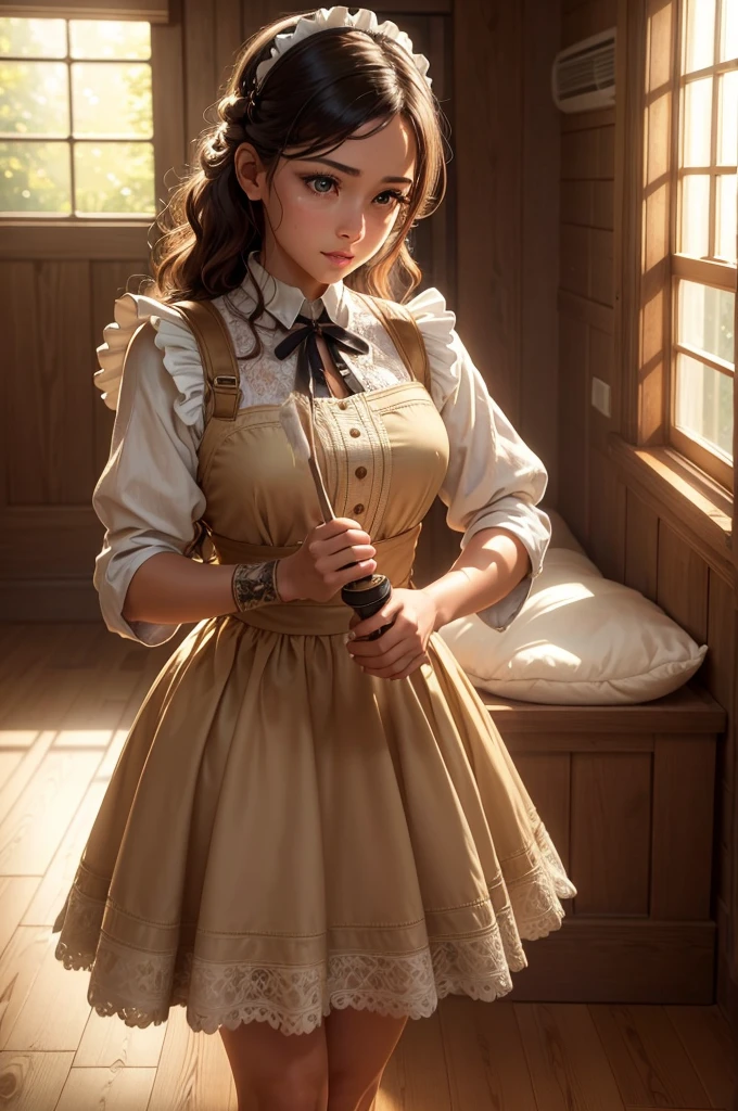 a maid cleaning the house, details Intricate, highly detailed, photorealistic, 8k, extremely detailed, ultra-realistic, Masterpiece artwork, cinematic lighting, warm color tones, naturallight, beautiful detailed eyes, beautiful detailed lips, extreme detailed face, long eyelashes, elegant maid uniform, focused on cleaning, meticulous attention to detail, clean and bright home interior, warm and cozy atmosphere, natural textures, wooden floors, sunlight coming through the windows