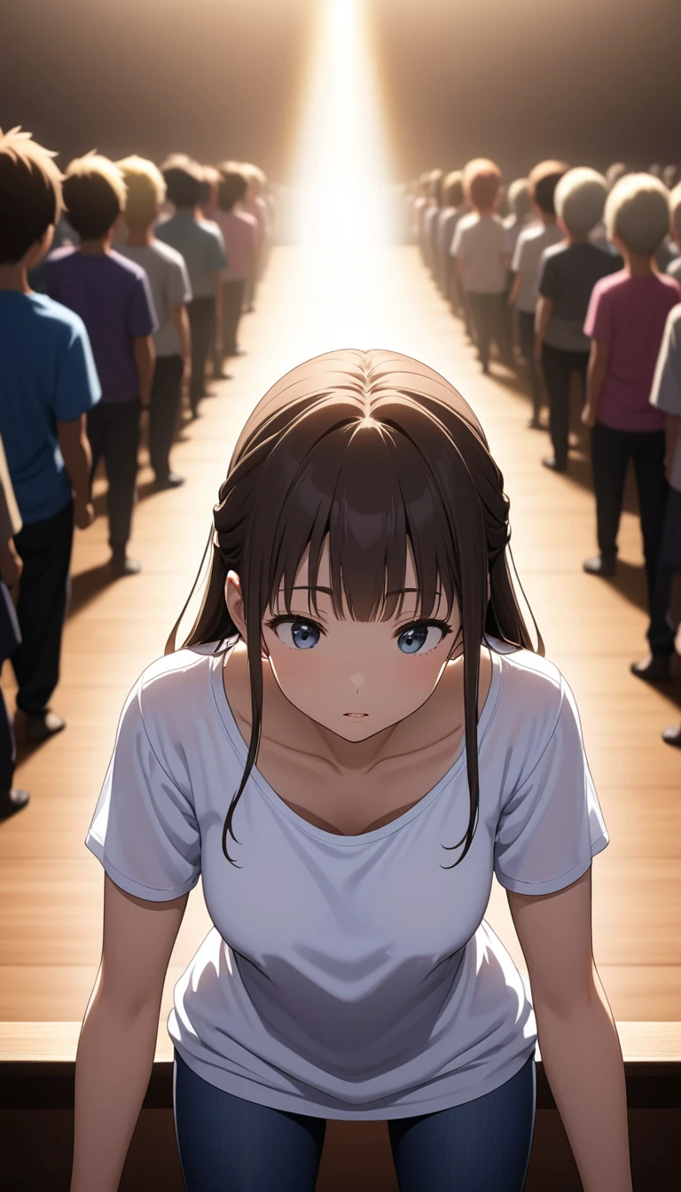 Game CG,  (Down blouse), (Loose fitting T-shirt:1.5), Leaning forward,  sagging chest,chestの谷間,Brush your hair up, The audience watching, chest_silhouette, Lighting, ボディsilhouette, (See through:0.5)