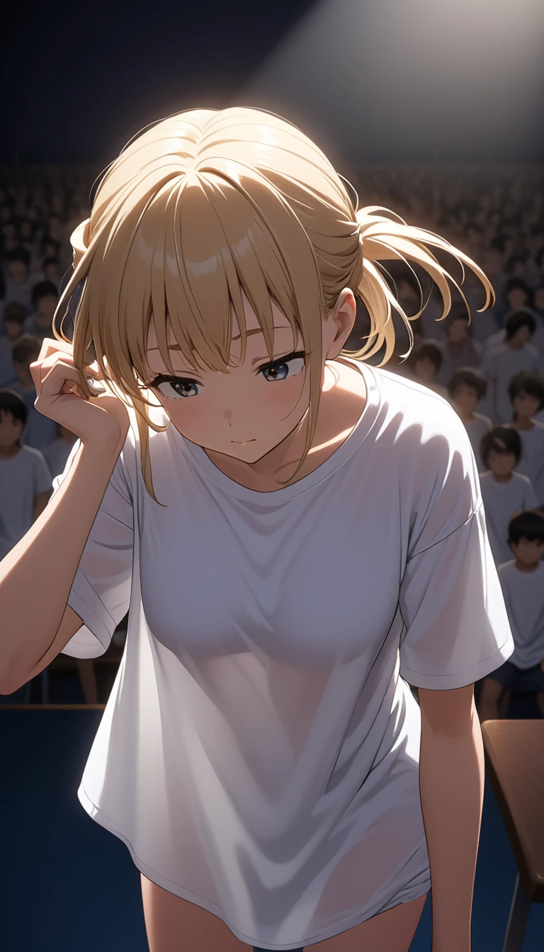 Game CG, (Down blouse), (Loose fitting T-shirt:1.5), Leaning forward, sagging chest,chestの谷間,Brush your hair up, The audience watching, chest_silhouette, Lighting, ボディsilhouette, (See through:0.5)