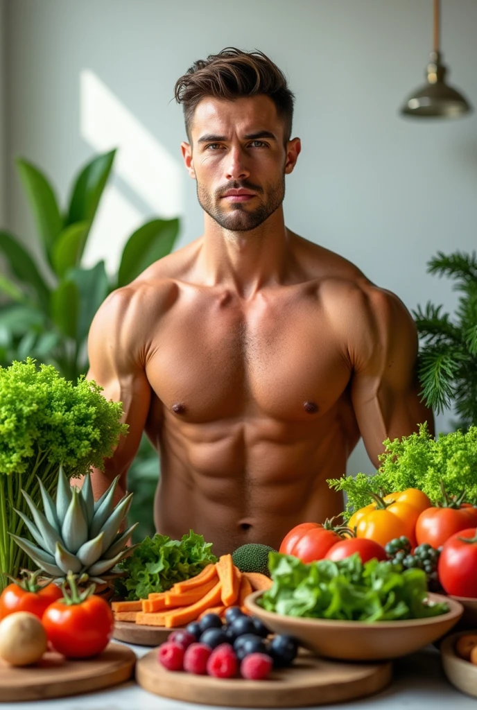 Photo with healthy food and a strong man